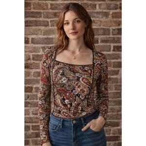 Kay Celine Boho Dark Floral Paisley Y2K Mesh Square Neck Vintage Top Sz XL EUC